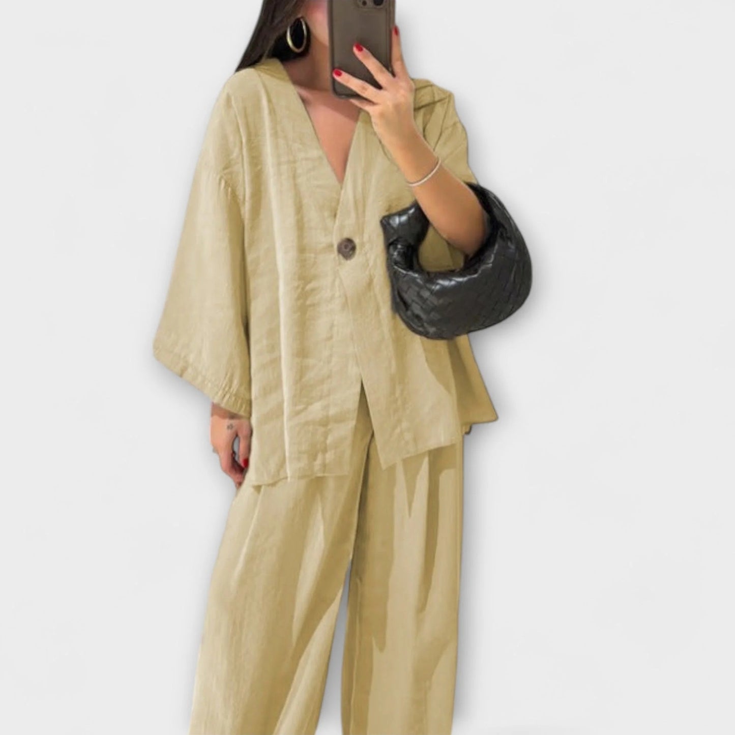 Jacqueline - Top informal con cuello en V y pantalones a juego