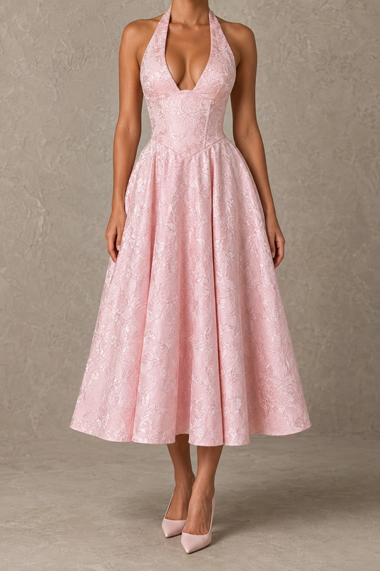 Charlotte | Vestido largo jacquard sin mangas con escote en V y cuello halter