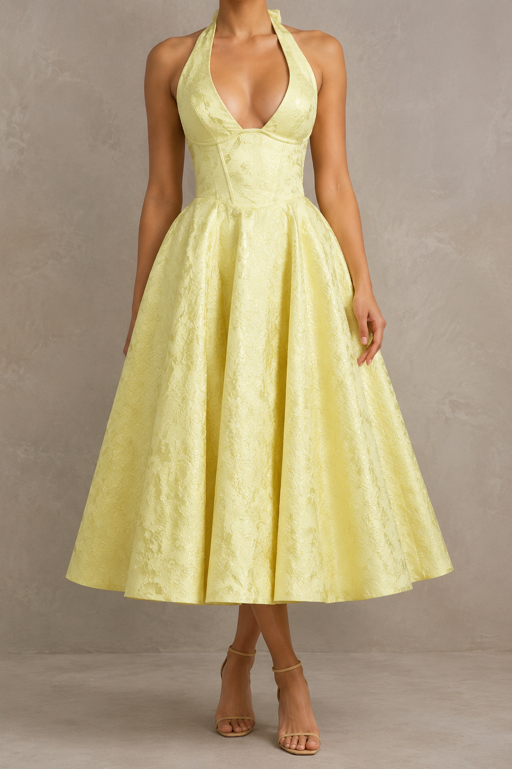 Charlotte | Vestido largo jacquard sin mangas con escote en V y cuello halter