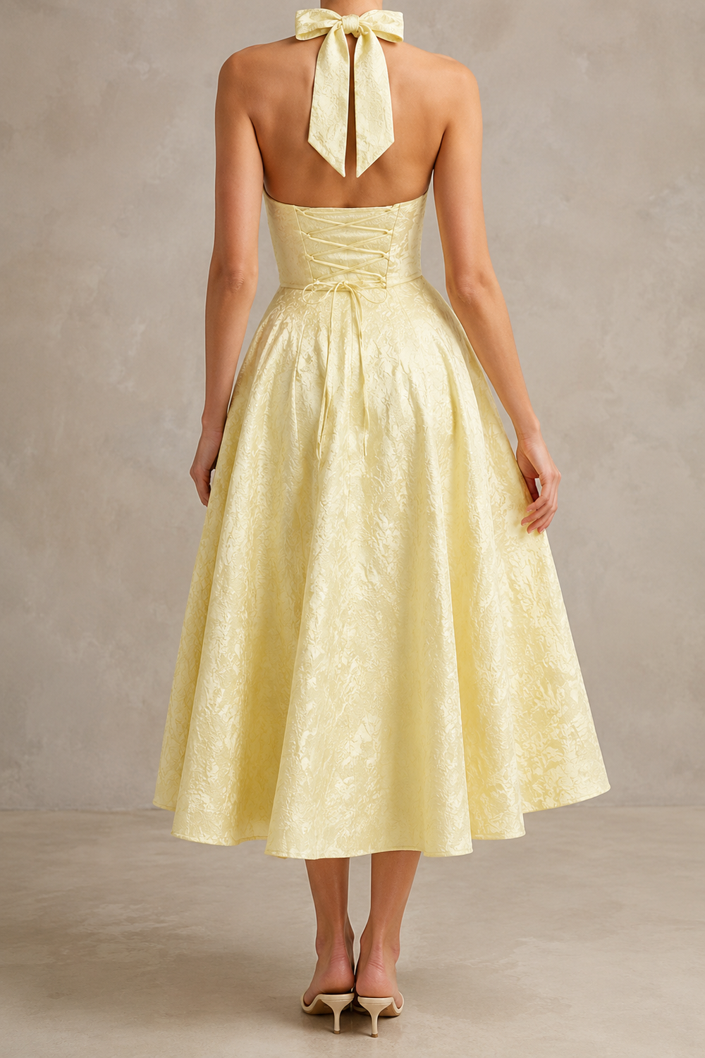 Charlotte | Vestido largo jacquard sin mangas con escote en V y cuello halter