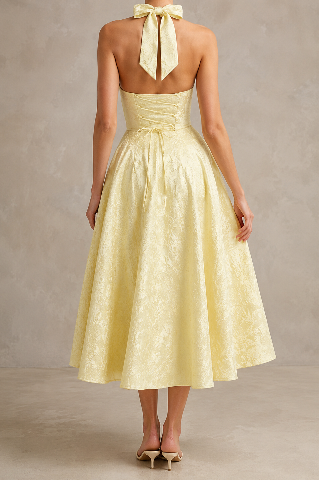 Charlotte | Vestido largo jacquard sin mangas con escote en V y cuello halter