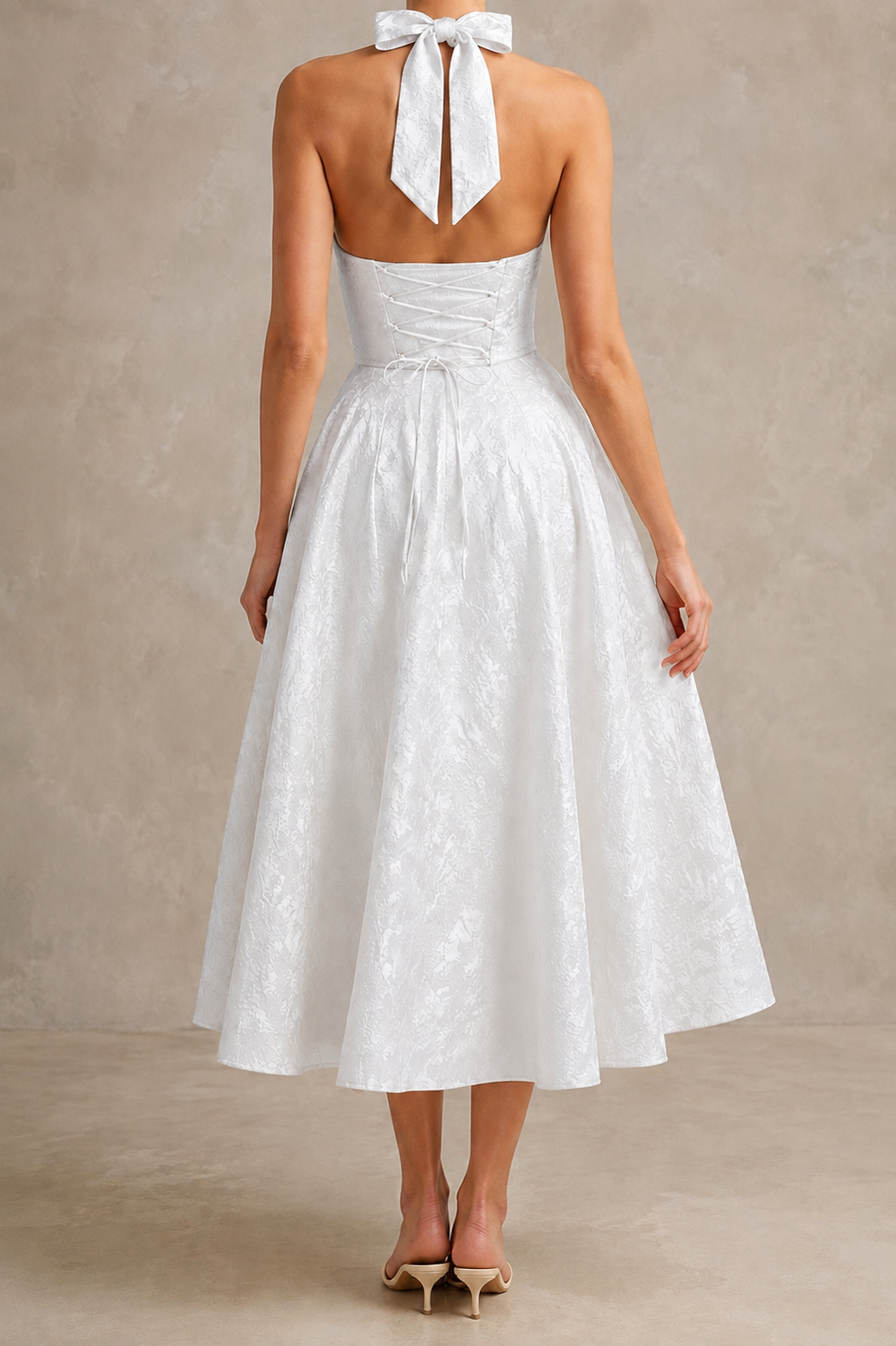Charlotte | Vestido largo jacquard sin mangas con escote en V y cuello halter
