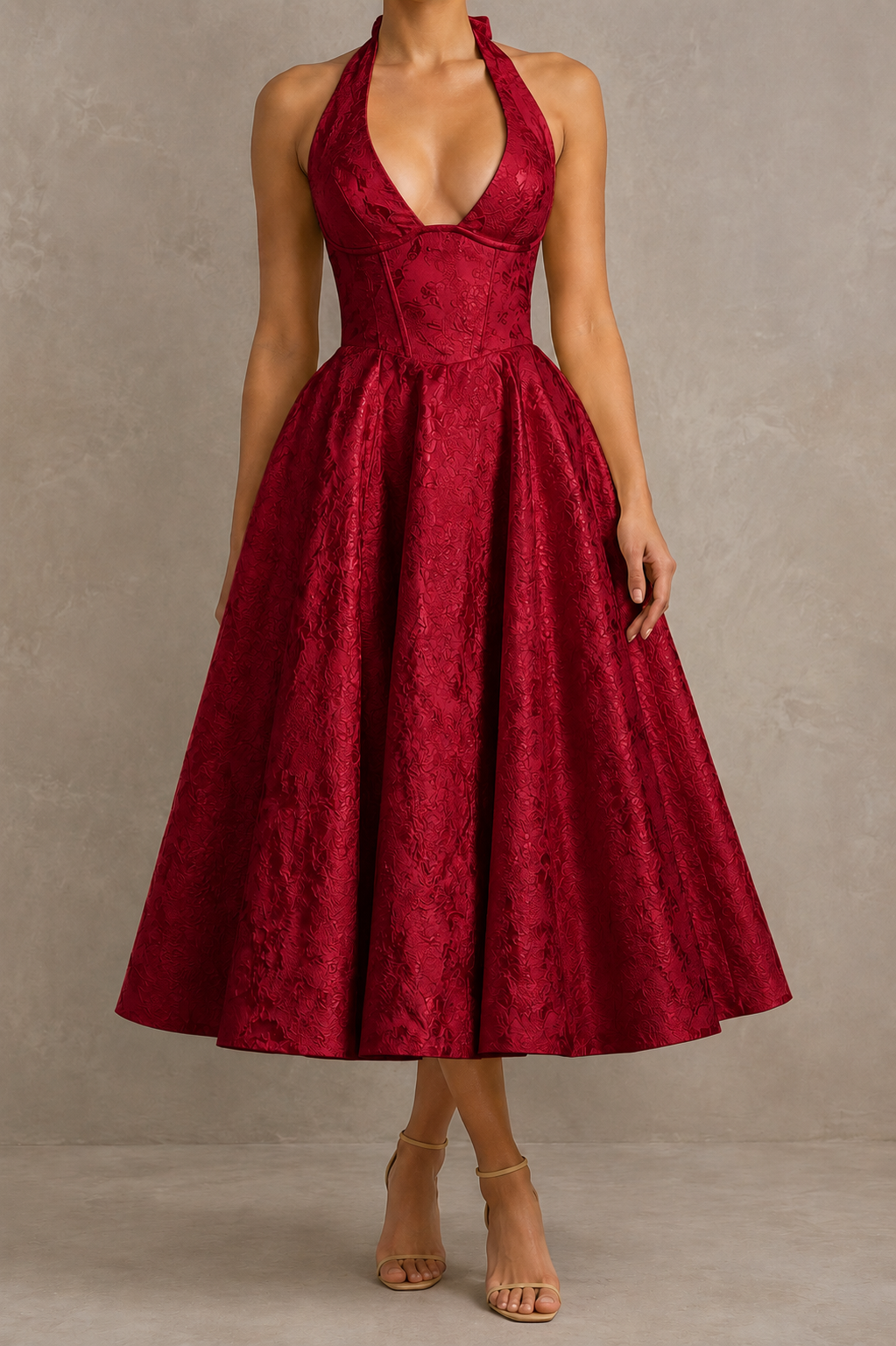 Charlotte | Vestido largo jacquard sin mangas con escote en V y cuello halter