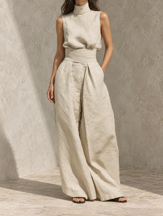 María | Conjunto minimalista con top y pantalones anchos de algodón y lino