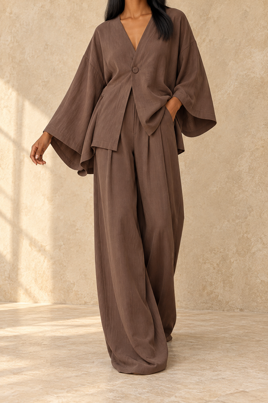 Jacqueline - Top informal con cuello en V y pantalones a juego