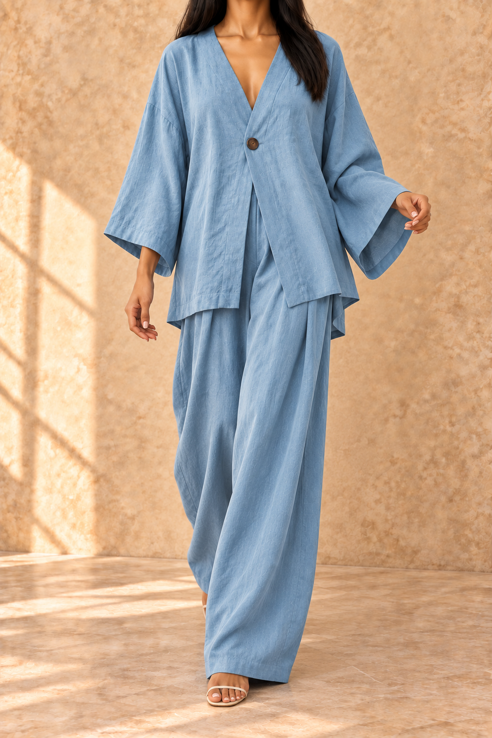 Jacqueline - Top informal con cuello en V y pantalones a juego