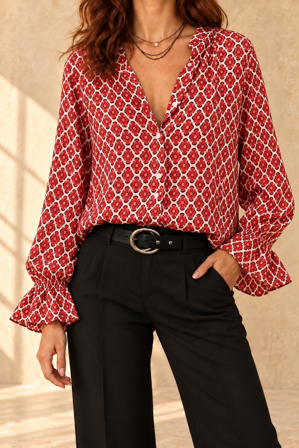 Alicia | Elegante blusa con cuello en V y estampado geométrico