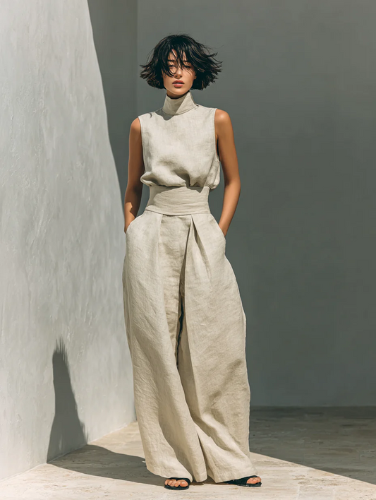 María | Conjunto minimalista con top y pantalones anchos de algodón y lino