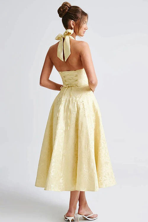 Charlotte | Vestido largo jacquard sin mangas con escote en V y cuello halter