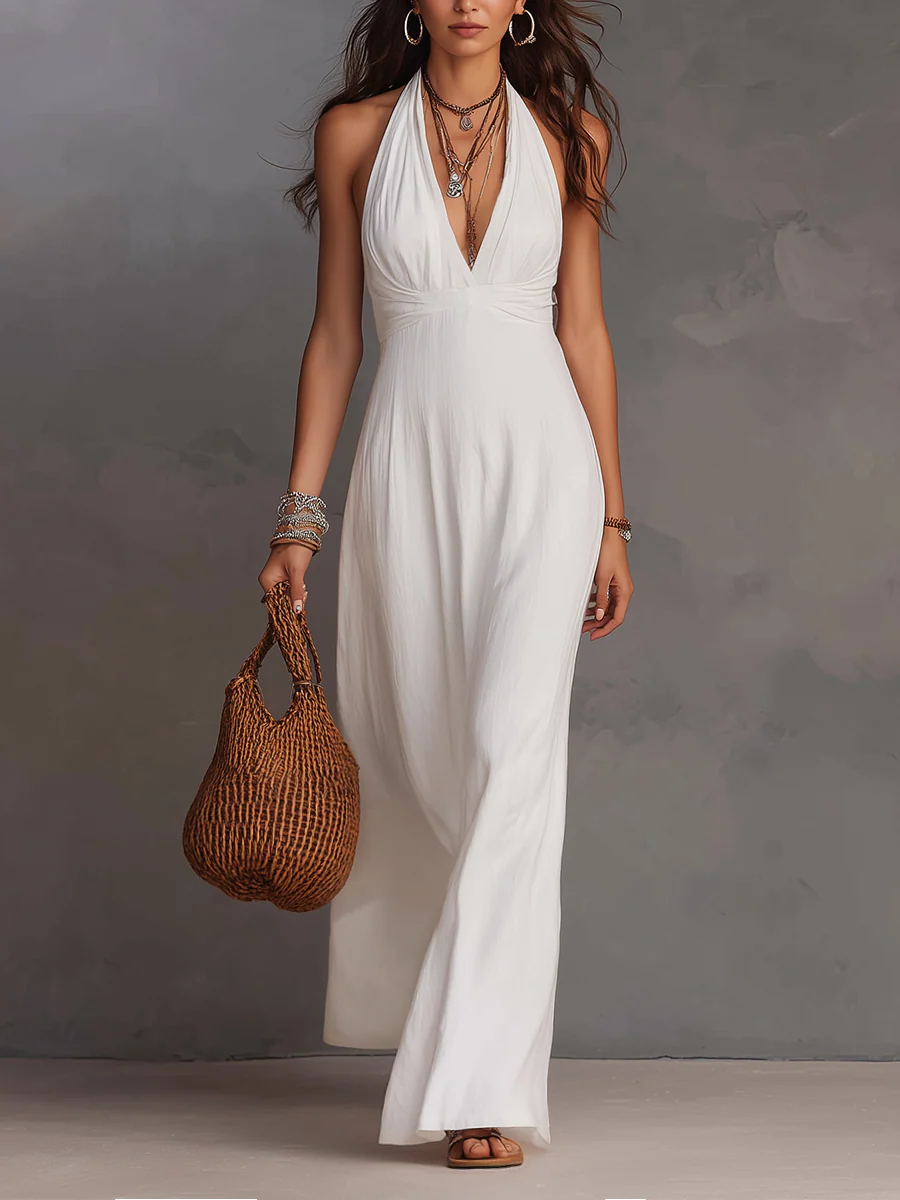 Elisa | Vestido largo con cuello halter color marfil