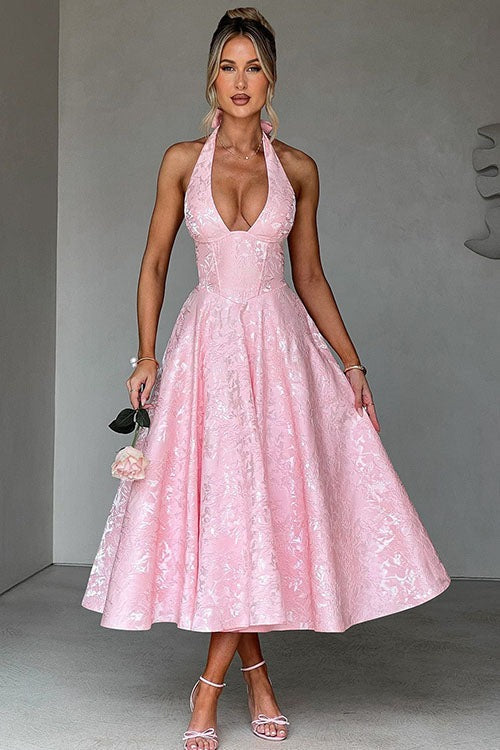Charlotte | Vestido largo jacquard sin mangas con escote en V y cuello halter
