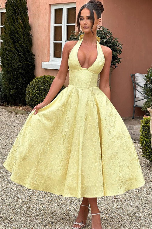 Charlotte | Vestido largo jacquard sin mangas con escote en V y cuello halter