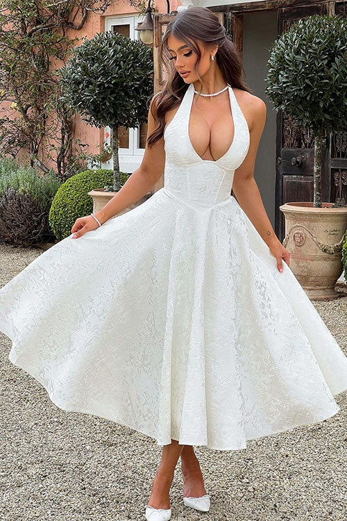 Charlotte | Vestido largo jacquard sin mangas con escote en V y cuello halter
