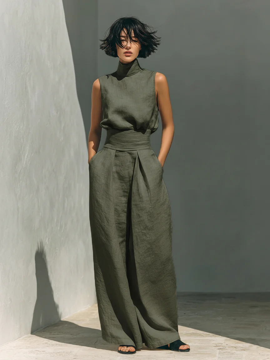 María | Conjunto minimalista con top y pantalones anchos de algodón y lino