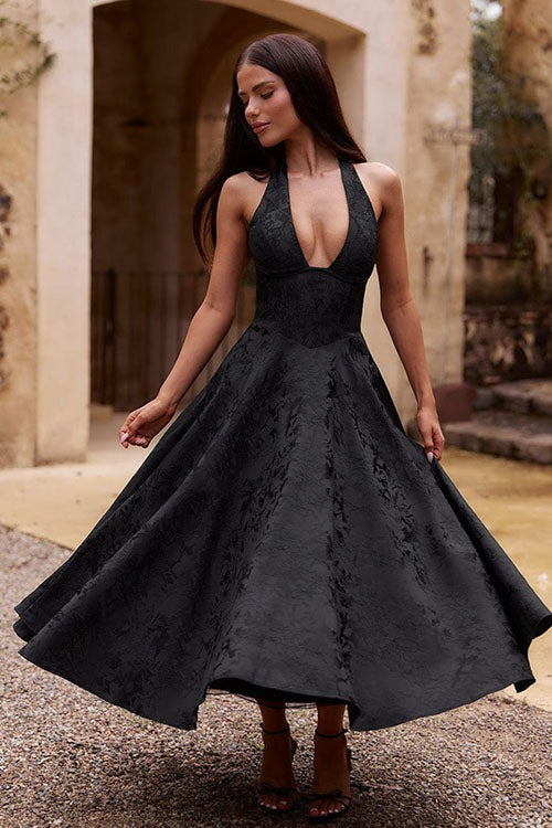 Charlotte | Vestido largo jacquard sin mangas con escote en V y cuello halter