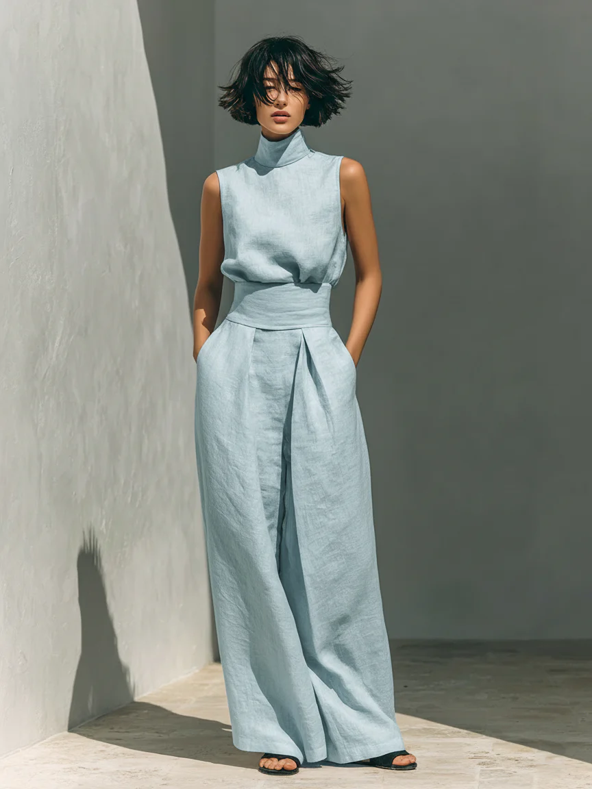 María | Conjunto minimalista con top y pantalones anchos de algodón y lino