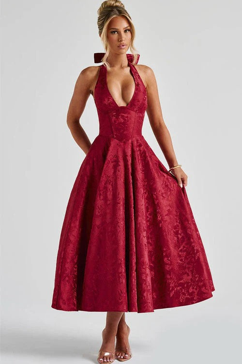Charlotte | Vestido largo jacquard sin mangas con escote en V y cuello halter