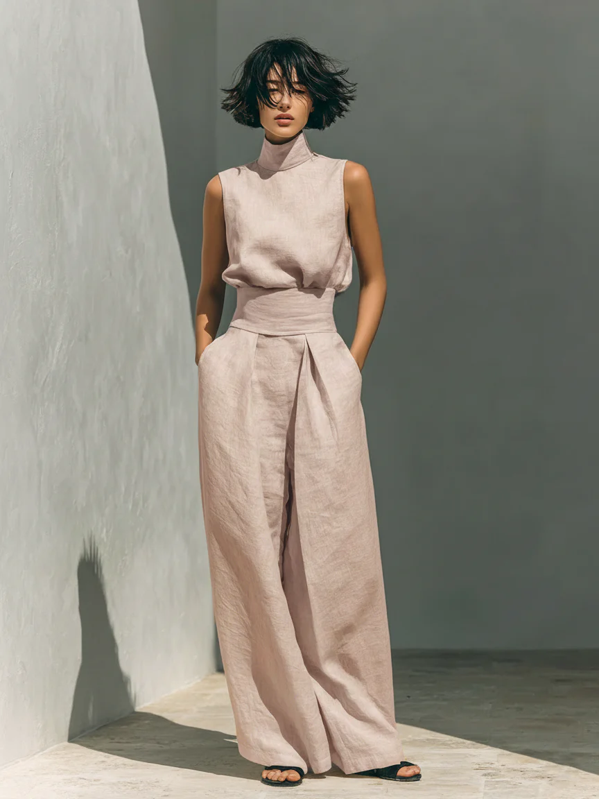 María | Conjunto minimalista con top y pantalones anchos de algodón y lino