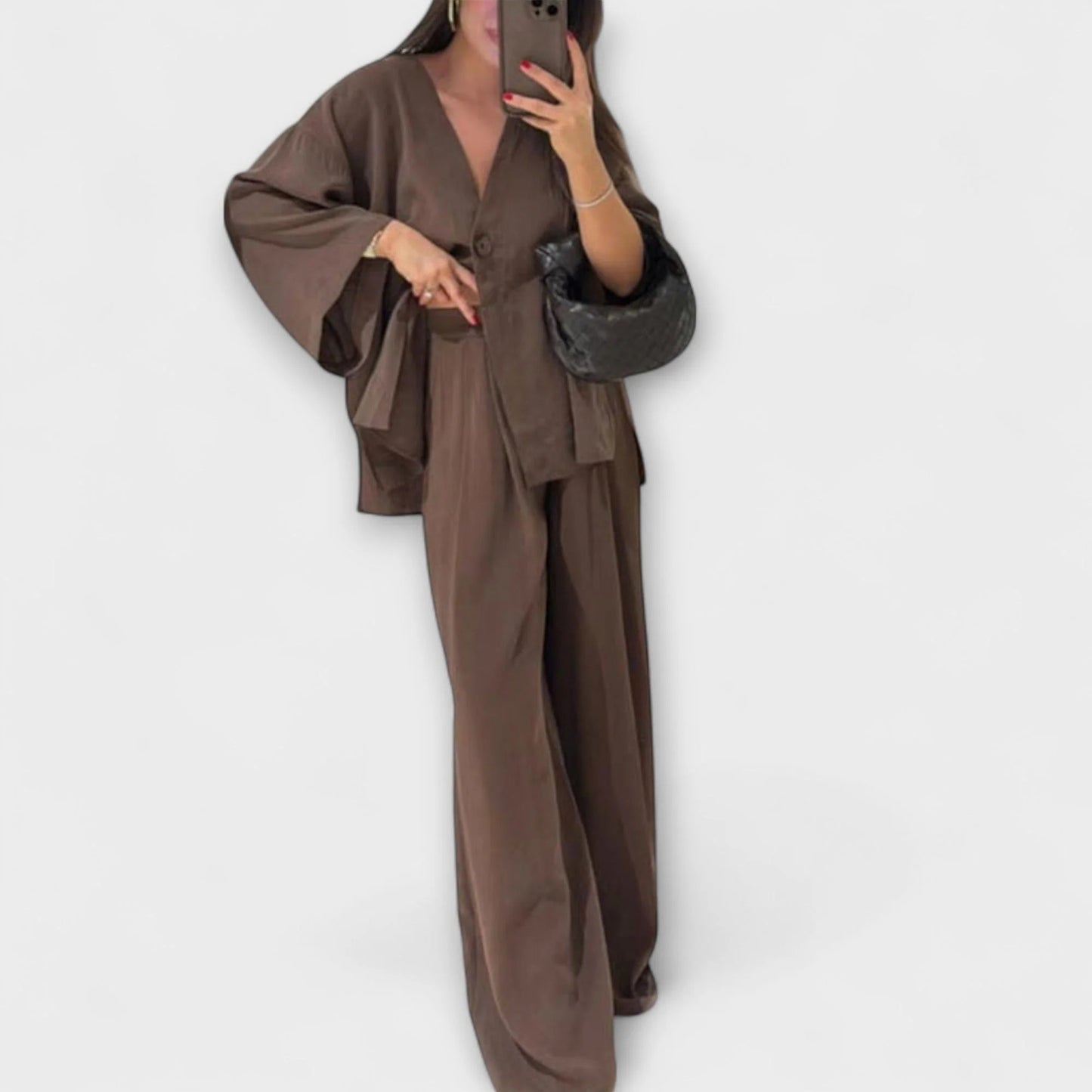 Jacqueline - Top informal con cuello en V y pantalones a juego