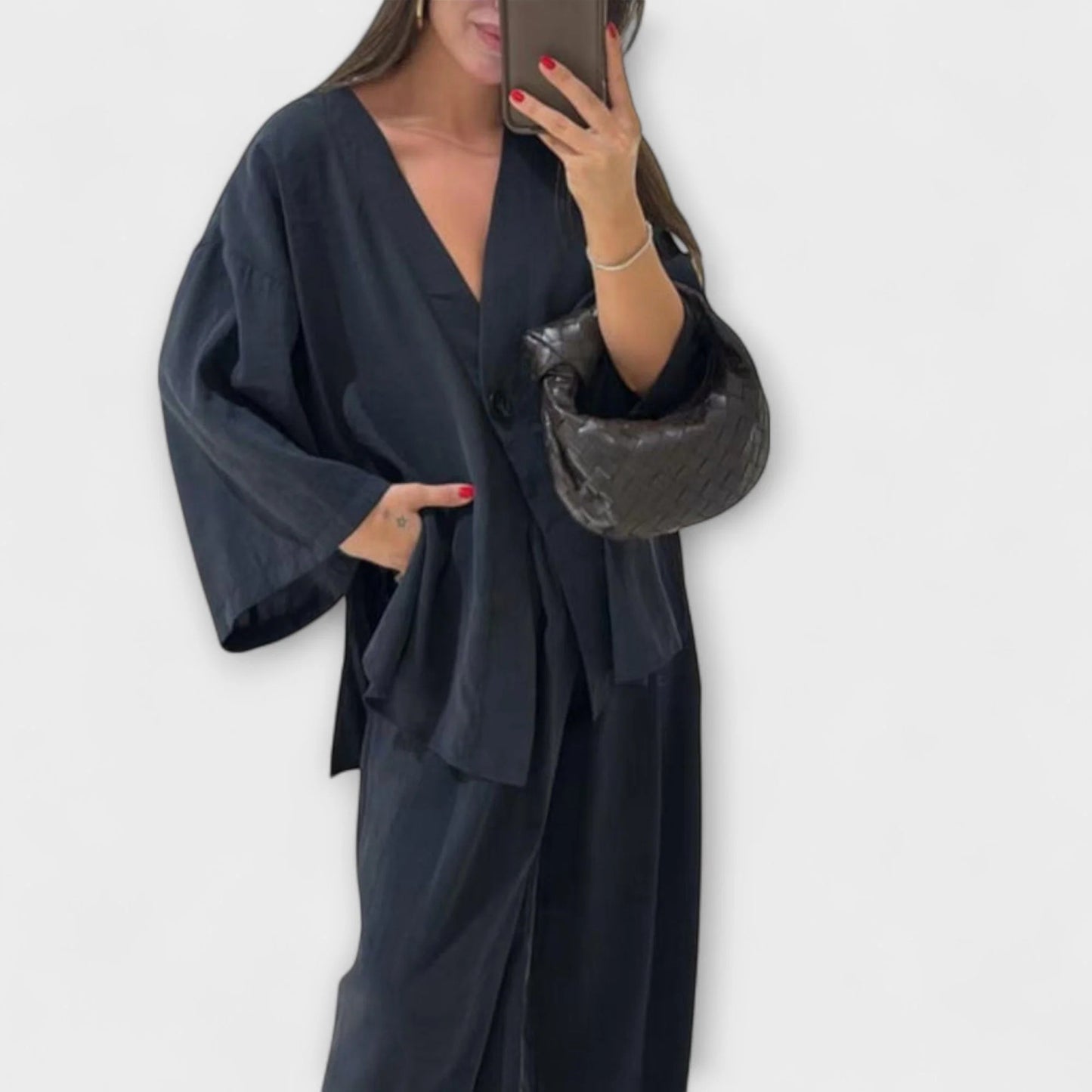 Jacqueline - Top informal con cuello en V y pantalones a juego