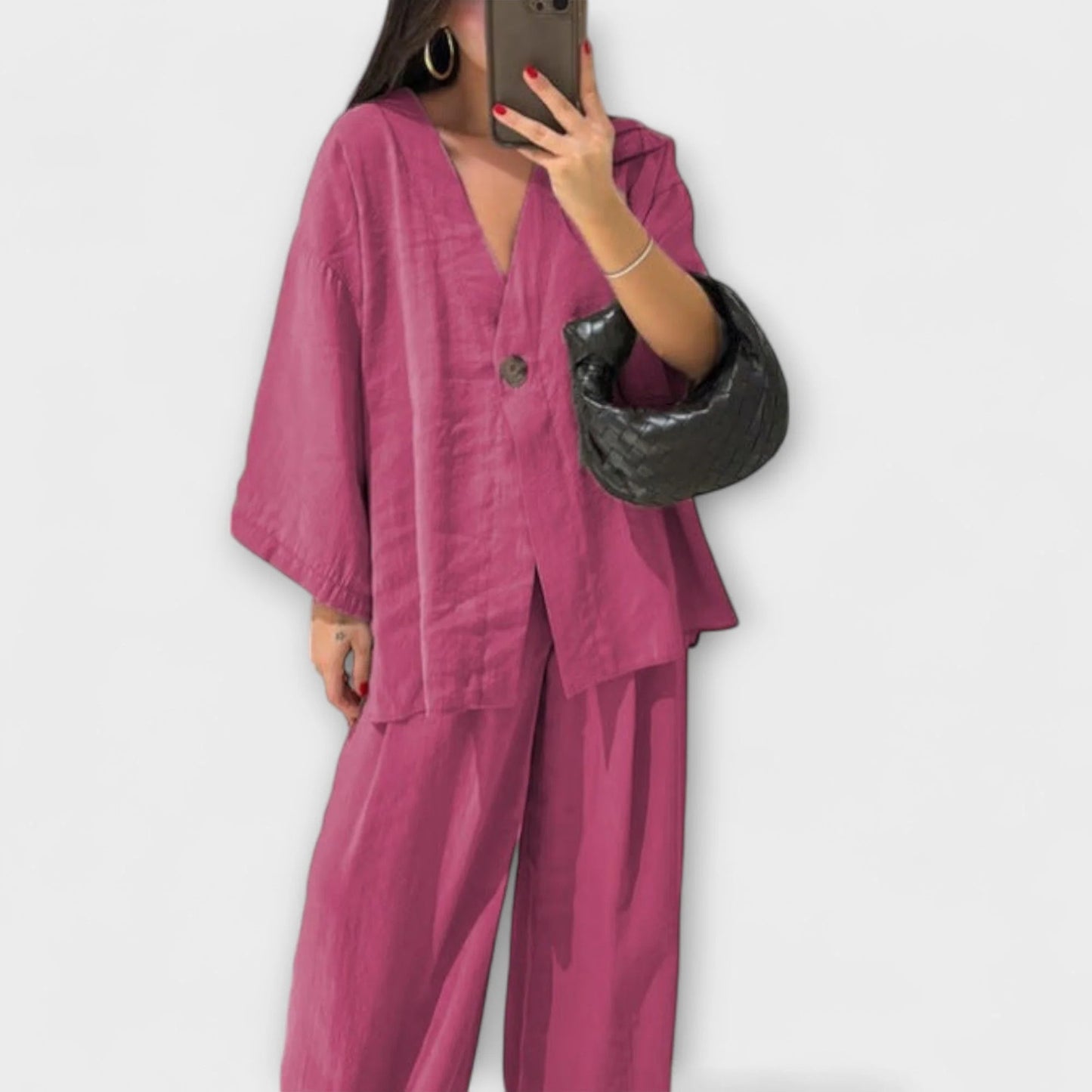 Jacqueline - Top informal con cuello en V y pantalones a juego