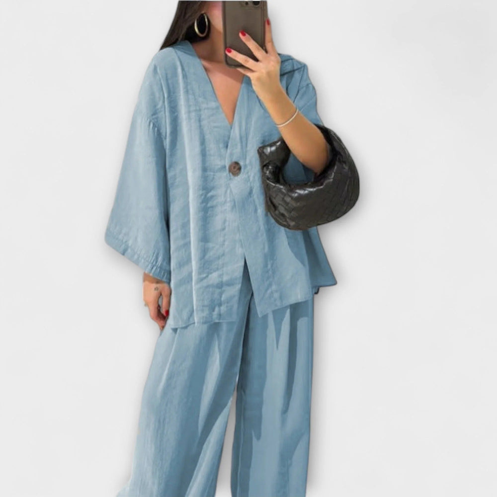 Jacqueline - Top informal con cuello en V y pantalones a juego