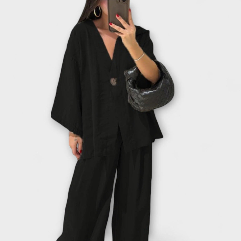 Jacqueline - Top informal con cuello en V y pantalones a juego