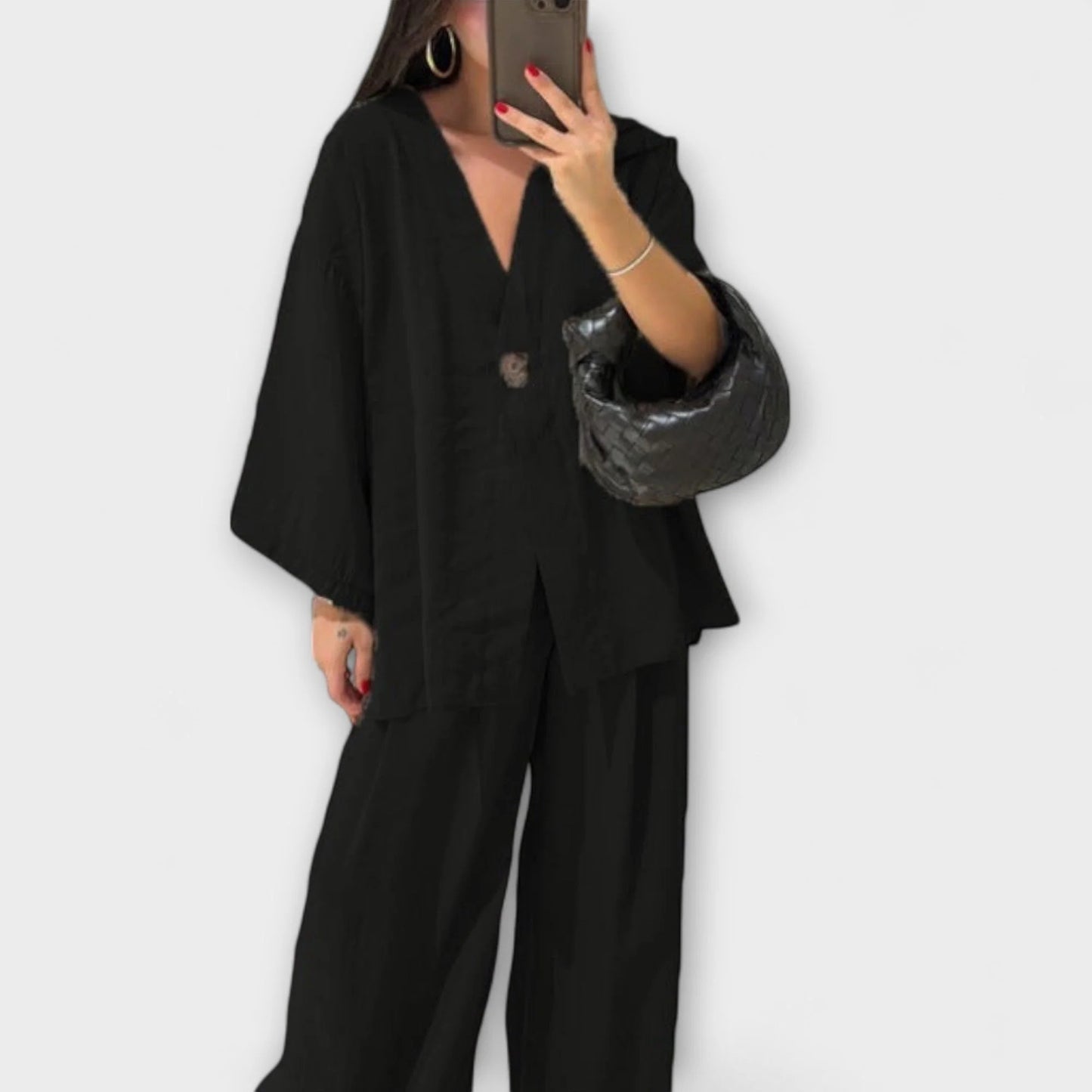 Jacqueline - Top informal con cuello en V y pantalones a juego