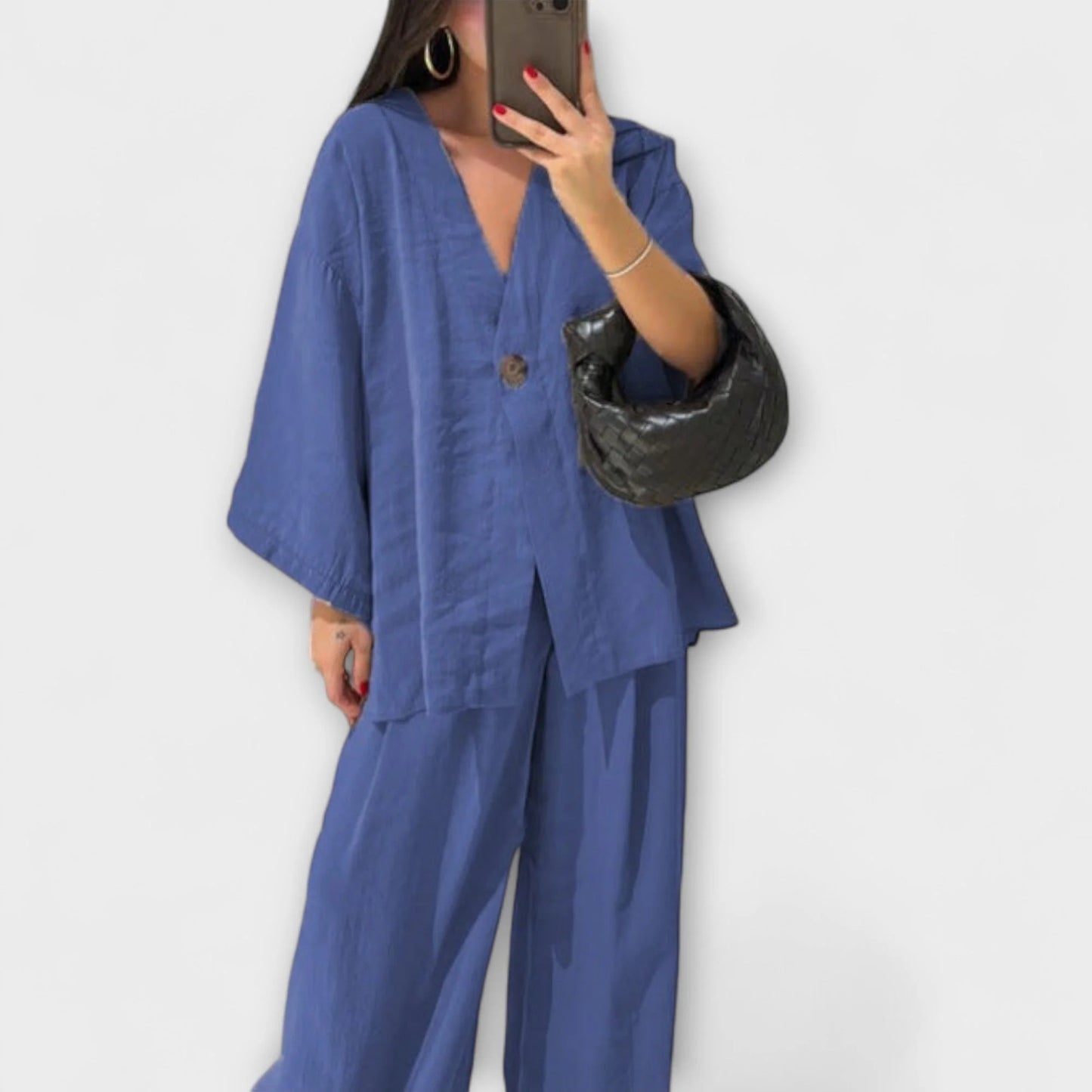 Jacqueline - Top informal con cuello en V y pantalones a juego