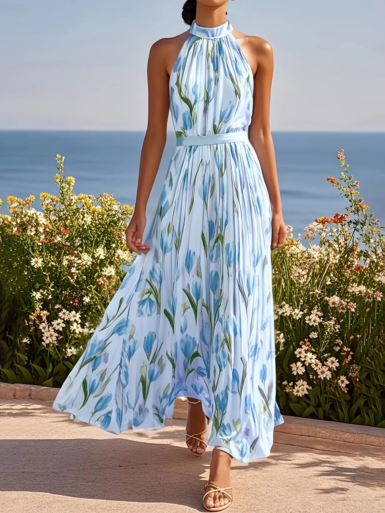 Tamara |  Vestido largo con escote halterneck y diseño en forma de tulipán