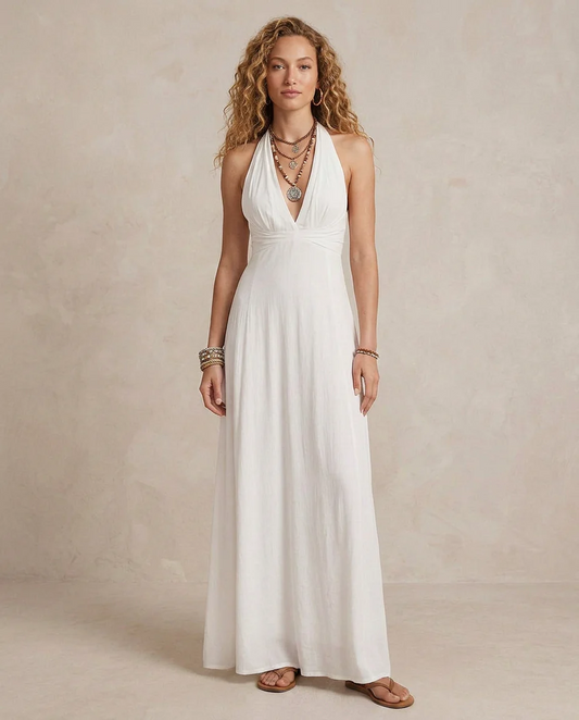 Elisa | Vestido largo con cuello halter color marfil