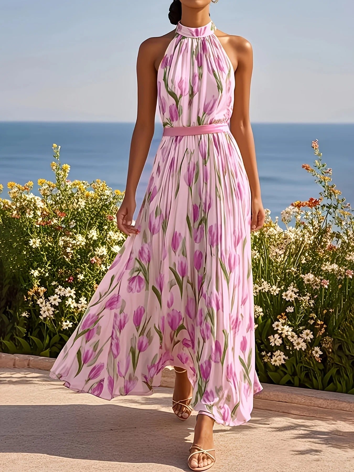Tamara |  Vestido largo con escote halterneck y diseño en forma de tulipán