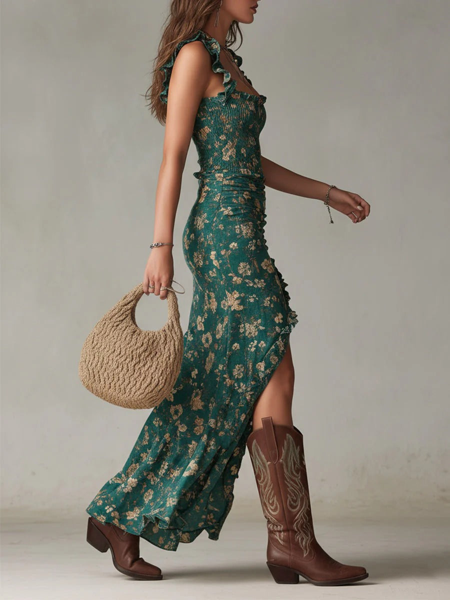 Sara | Vestido retro con volantes en las mangas y abertura alta