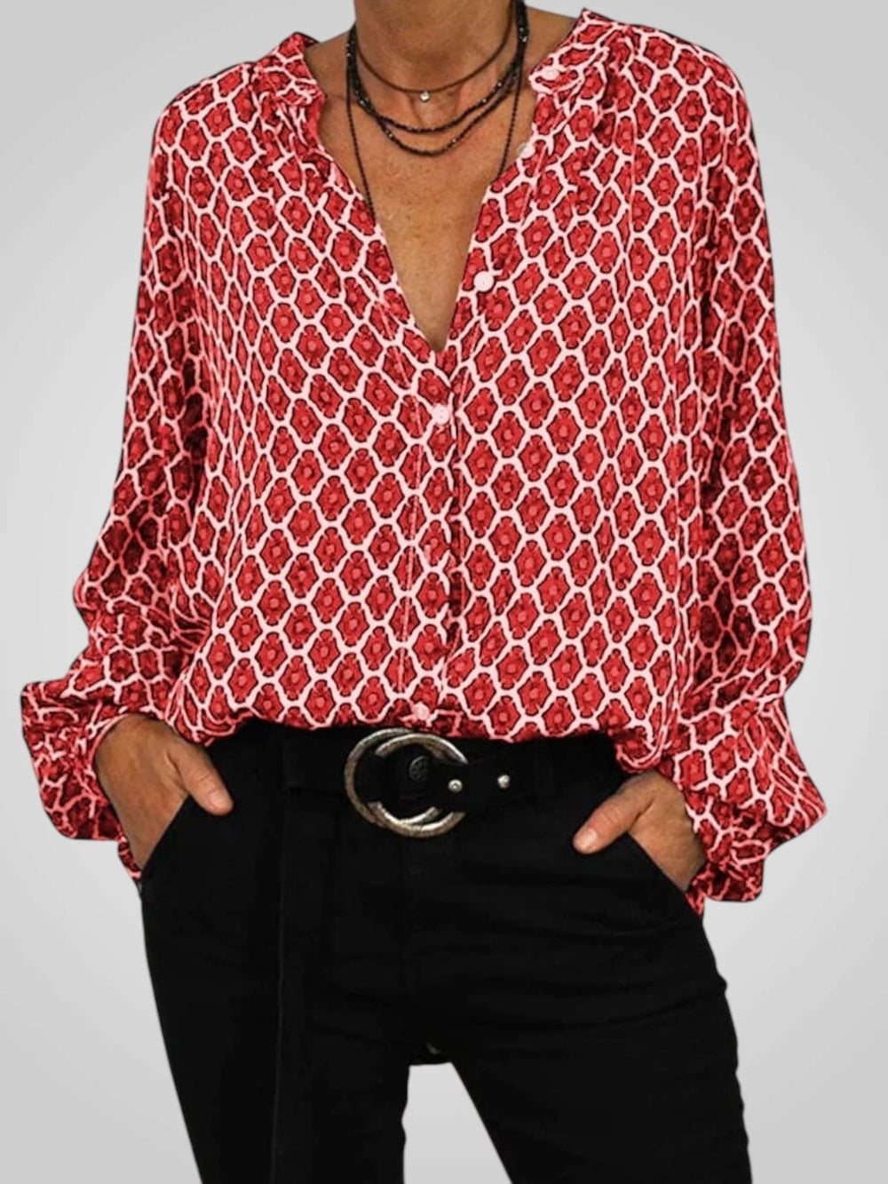 Alicia | Elegante blusa con cuello en V y estampado geométrico