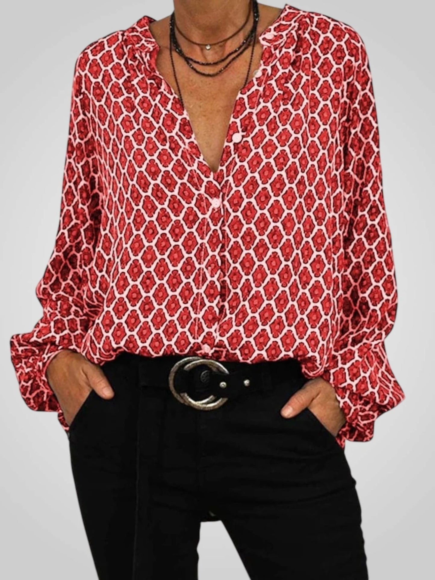 Alicia | Elegante blusa con cuello en V y estampado geométrico