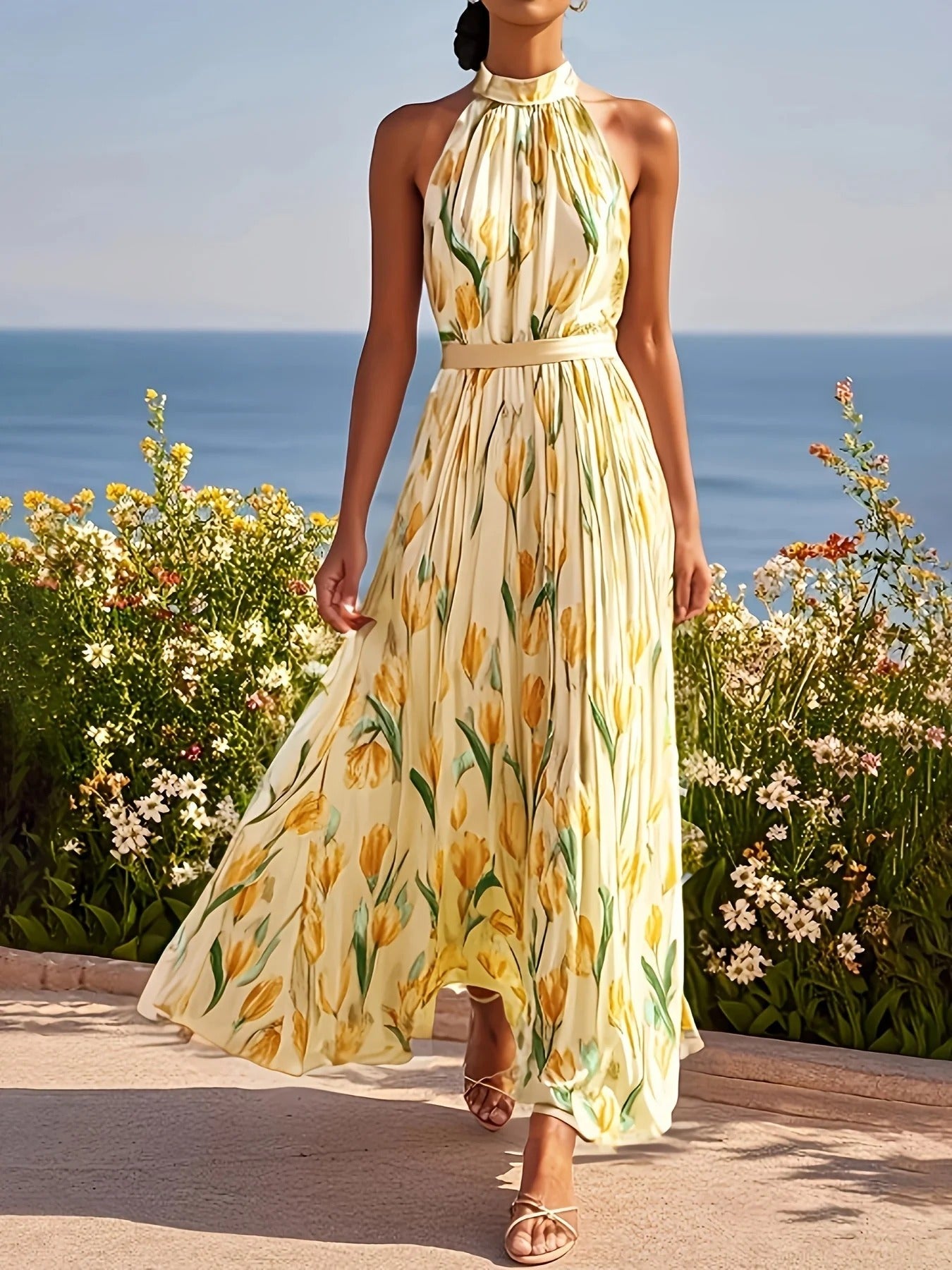 Tamara |  Vestido largo con escote halterneck y diseño en forma de tulipán