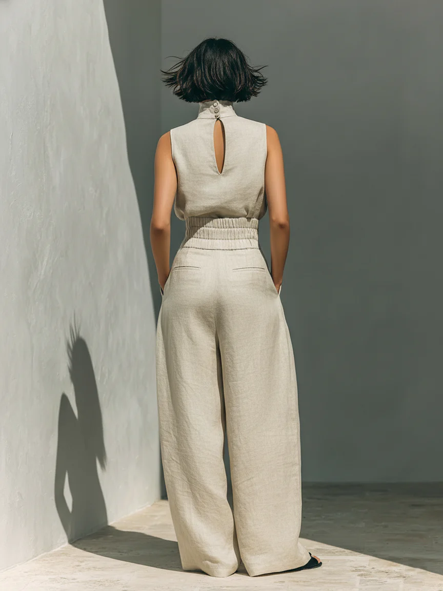 María | Conjunto minimalista con top y pantalones anchos de algodón y lino